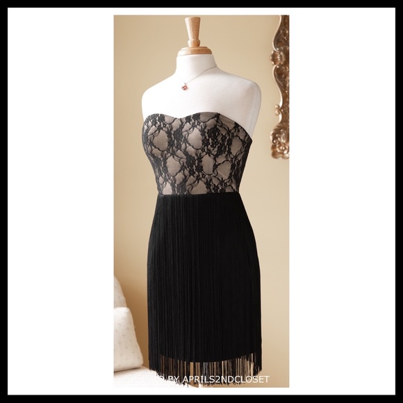 STRAPLESS BUSTIER BLACK LACE BOHO FRINGE DRESS A3C - Picture 6 of 8